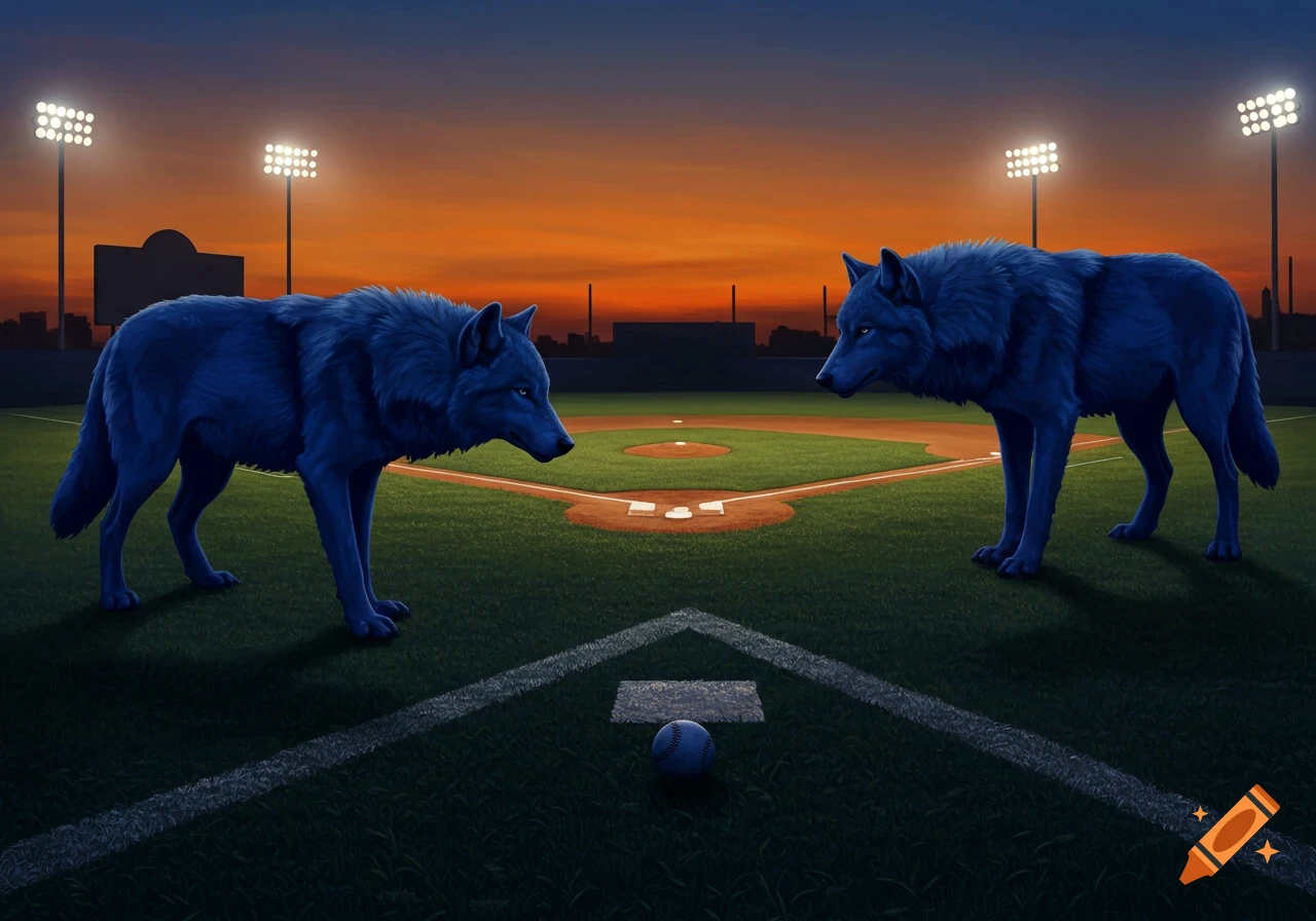 Two blue wolves stand facing each other on a baseball field at dusk with stadium lights illuminated.