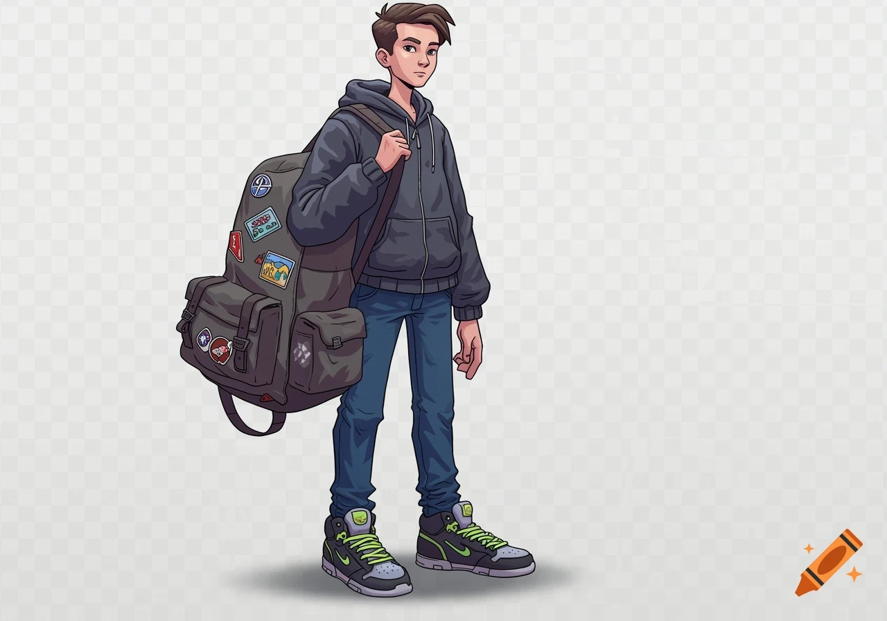 Cartoon illustration of a young man wearing a dark hoodie, blue jeans, and sneakers, carrying a large backpack with patches.