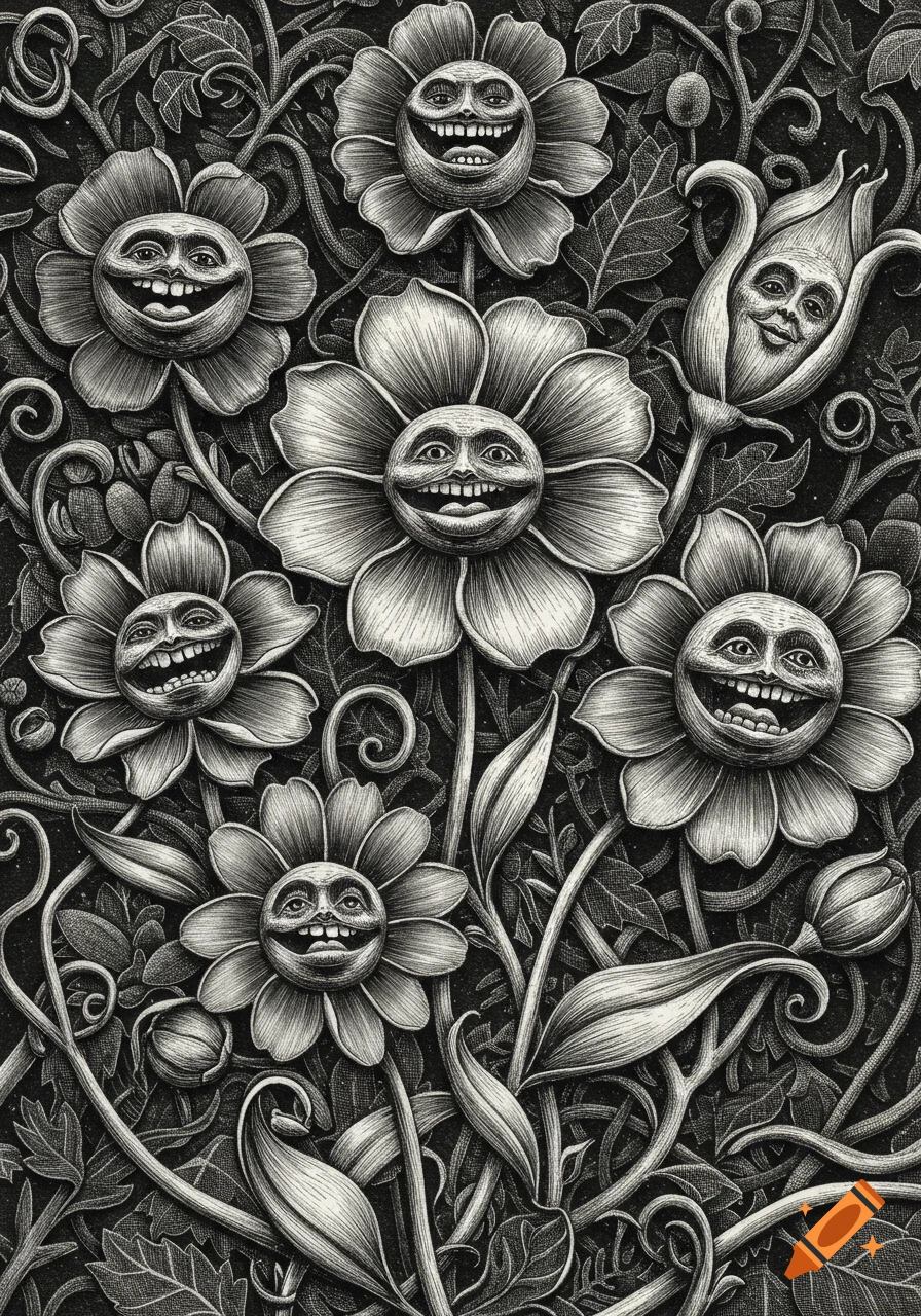 Black and white surreal illustration of flowers with wide smiling human faces, surrounded by intricate foliage.