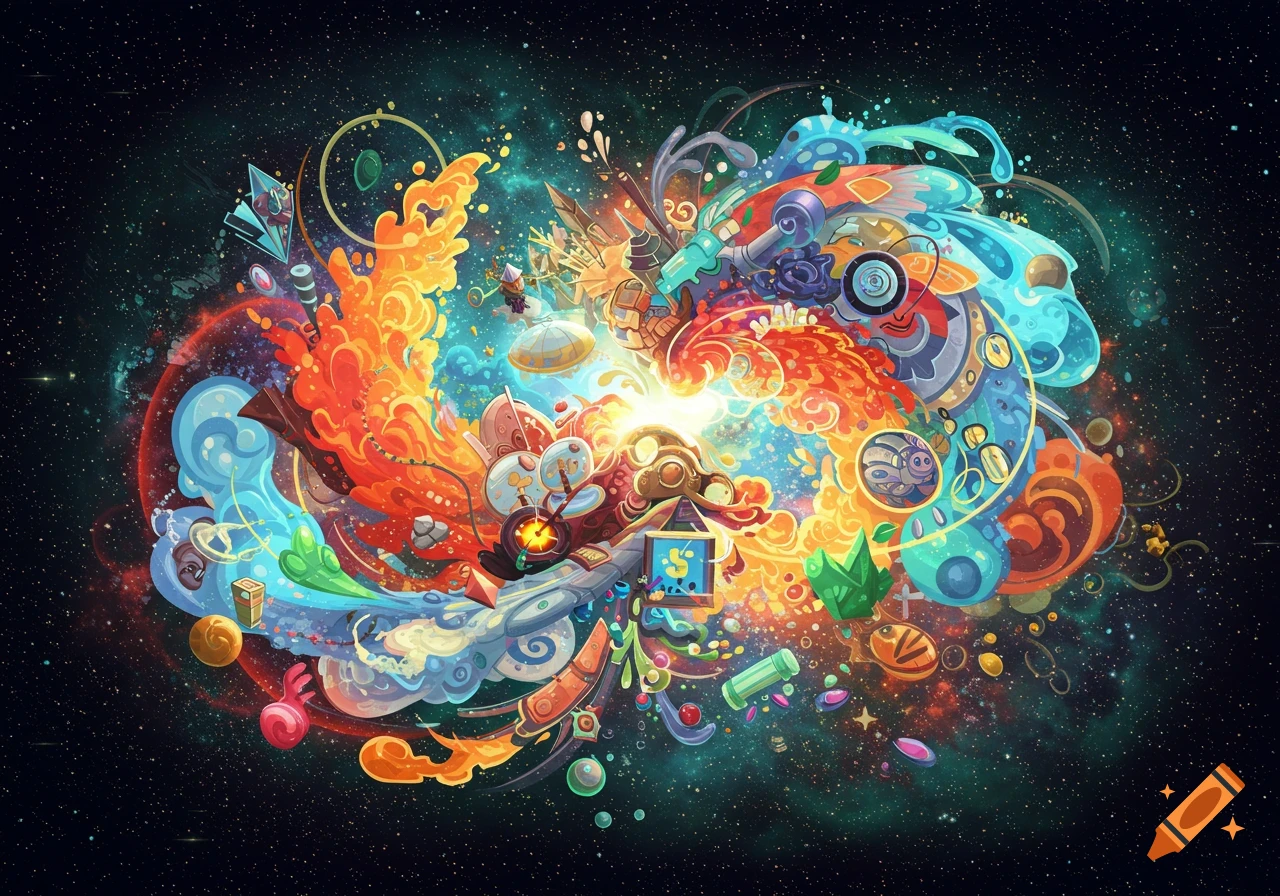 A vibrant, colorful abstract explosion of shapes and forms against a starry cosmic background.