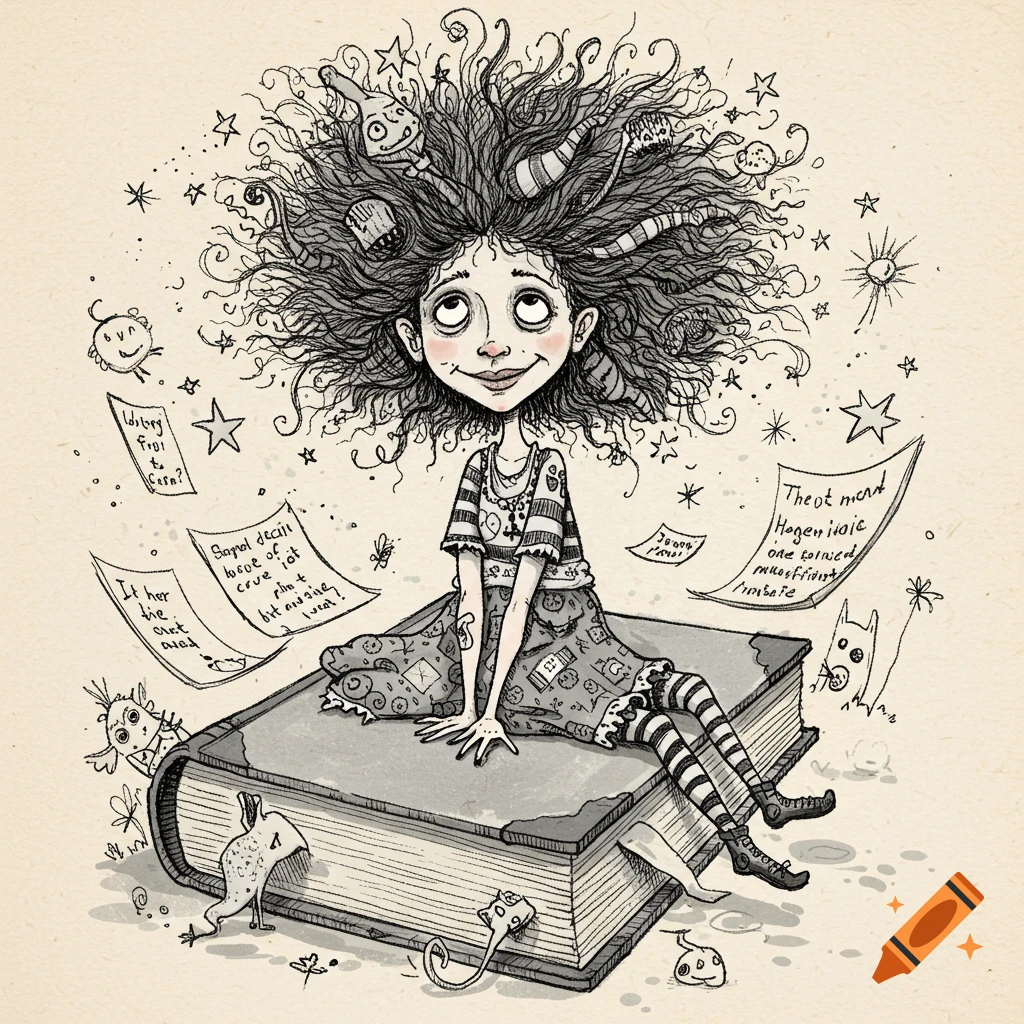 Whimsical black and white illustration of a messy-haired girl sitting on a giant book, surrounded by notes and creatures, in Shel Silverstein style.