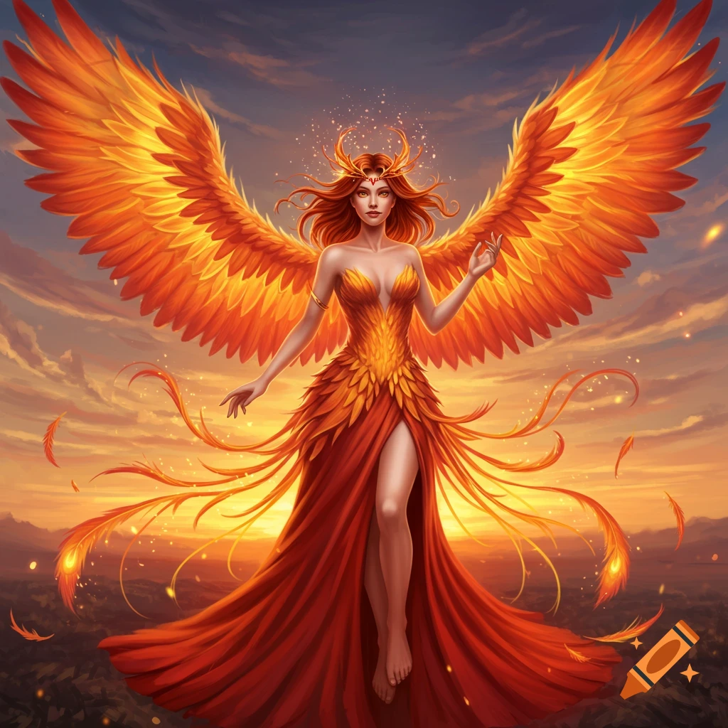 A majestic human female phoenix with fiery orange wings and a red-orange feathered dress stands against a dramatic sunset sky in digital art.