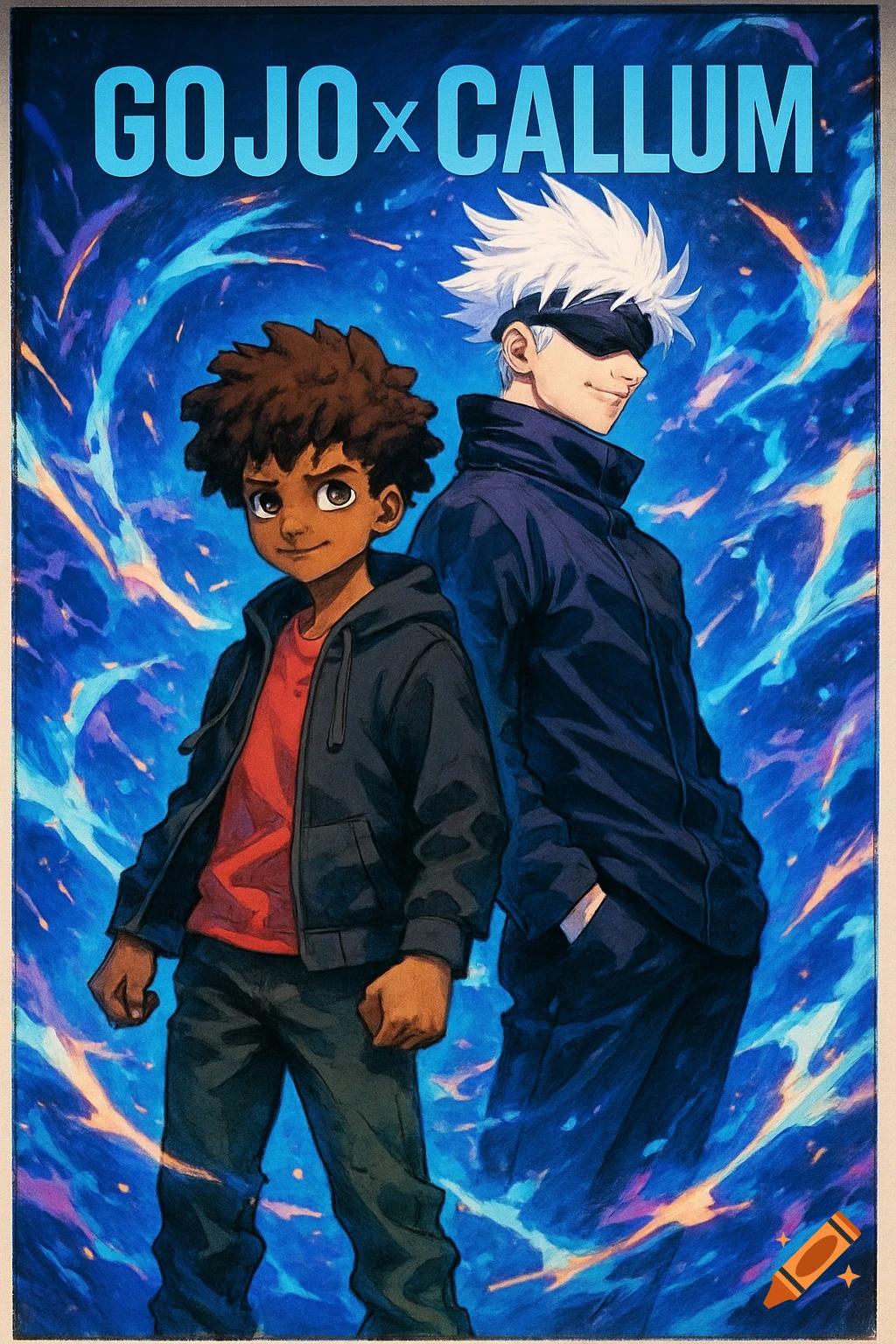 An anime poster featuring a boy with brown curly hair and Gojo Satoru against a blue swirling energy background, with text 'GOJO x CALLUM' at the top.