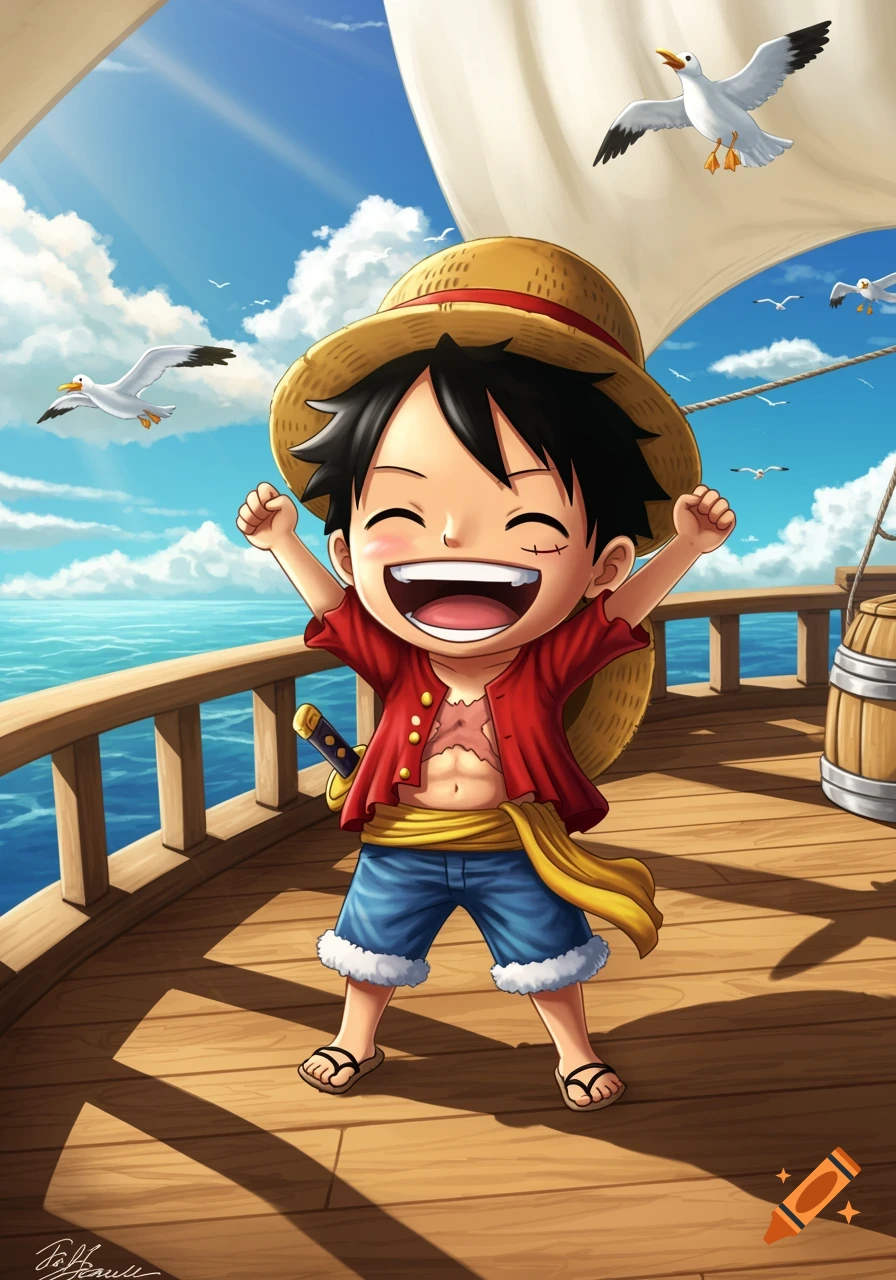 A happy chibi anime boy, Mini Luffy, on a ship's deck, arms raised, smiling widely. Seagulls fly over a blue ocean and sky.