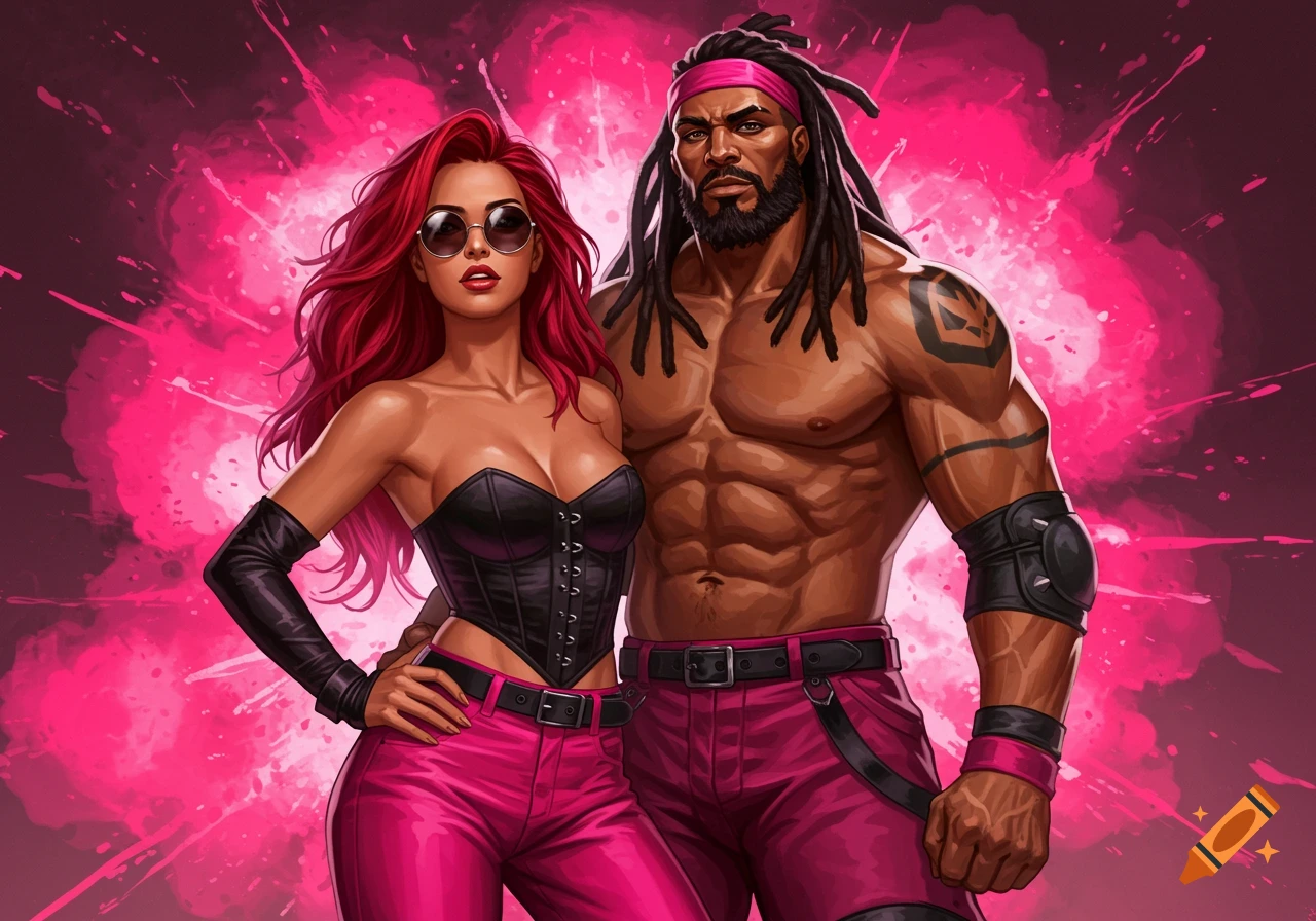 A stylized comic art depiction of a muscular man with dreadlocks and a woman in a corset and sunglasses, standing against a pink explosion background.