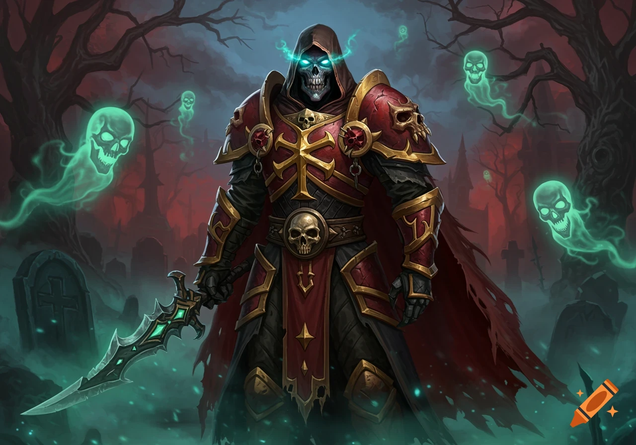 A skeletal knight with glowing blue eyes in red and gold armor stands in a misty graveyard with green glowing ghosts.