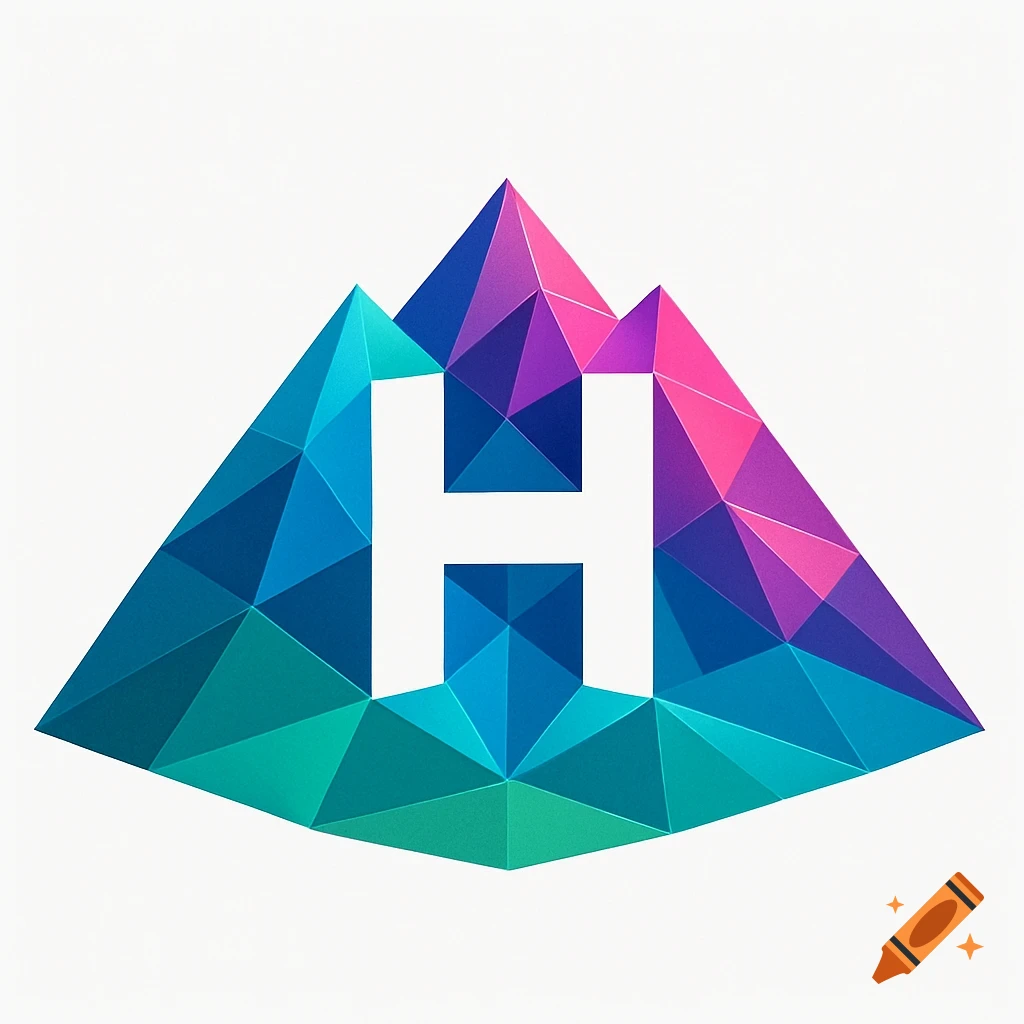 A colorful geometric logo featuring a white letter H embedded within abstract, triangulated mountains in shades of blue, teal, purple, and pink.
