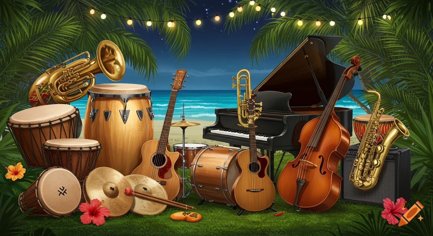A vibrant collection of musical instruments, including drums, guitars, piano, and brass, set against a tropical beach at night with palm trees and string lights.
