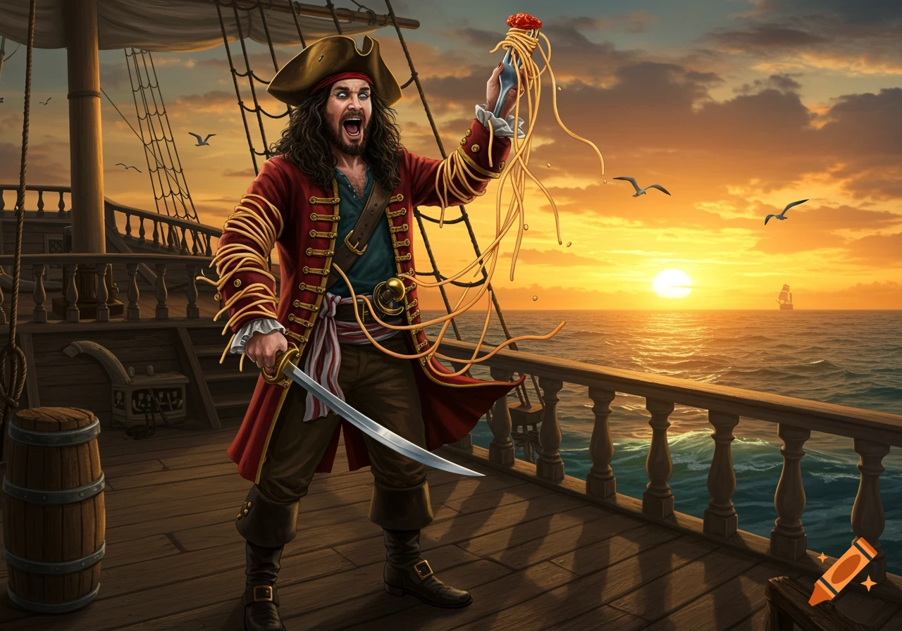 A dramatic illustration of a pirate on a ship's deck, holding a forkful of spaghetti at sunset over the ocean.