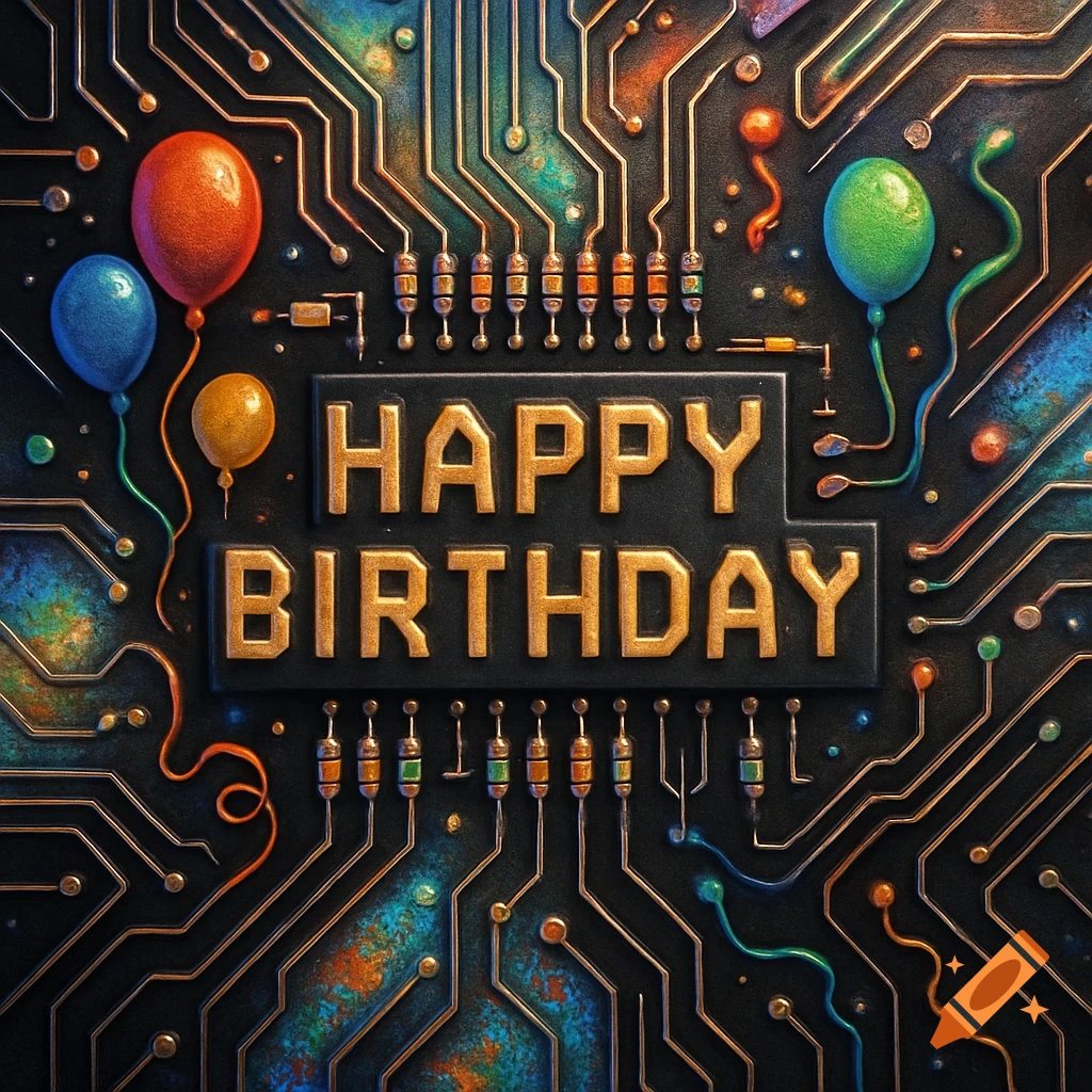 A Happy Birthday message in golden letters on a detailed circuit board background with colorful balloons.