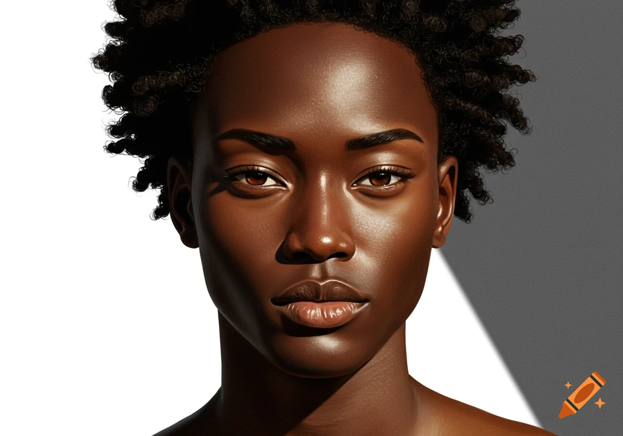 A close-up photorealistic portrait of a person with dark skin and curly dark hair, dramatic lighting.