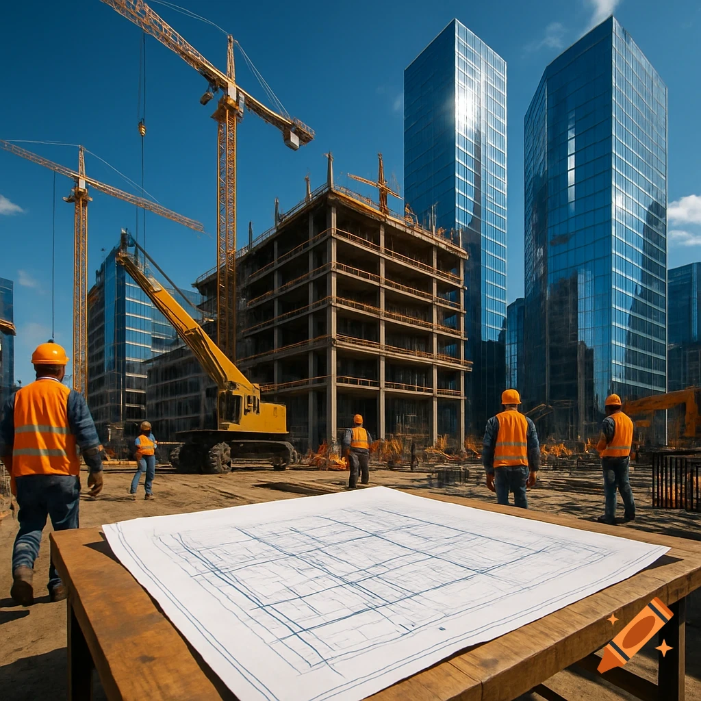 Photorealistic image of a commercial construction site with tall buildings, cranes, workers in hard hats, and blueprints on a table.