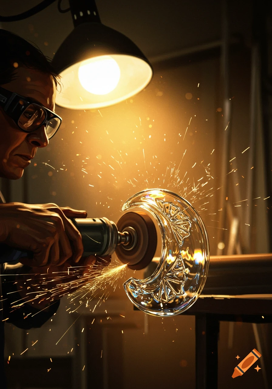 A craftsman grinds a decorative glass crescent moon, creating sparks under a bright workshop lamp.