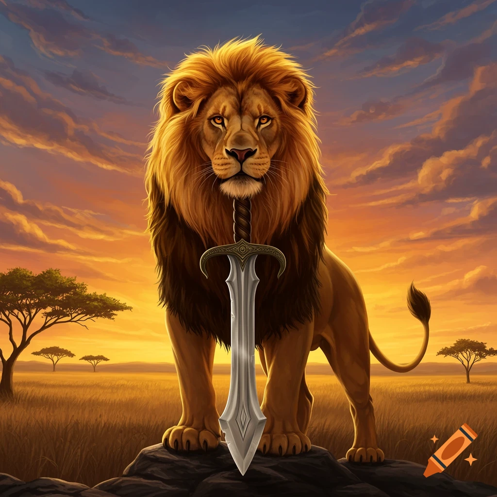 A majestic lion stands on a rock, holding a large sword upright, against a vivid sunset over a savanna.