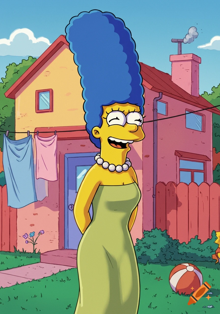Marge Simpson in a green dress stands smiling in front of the Simpson family house.