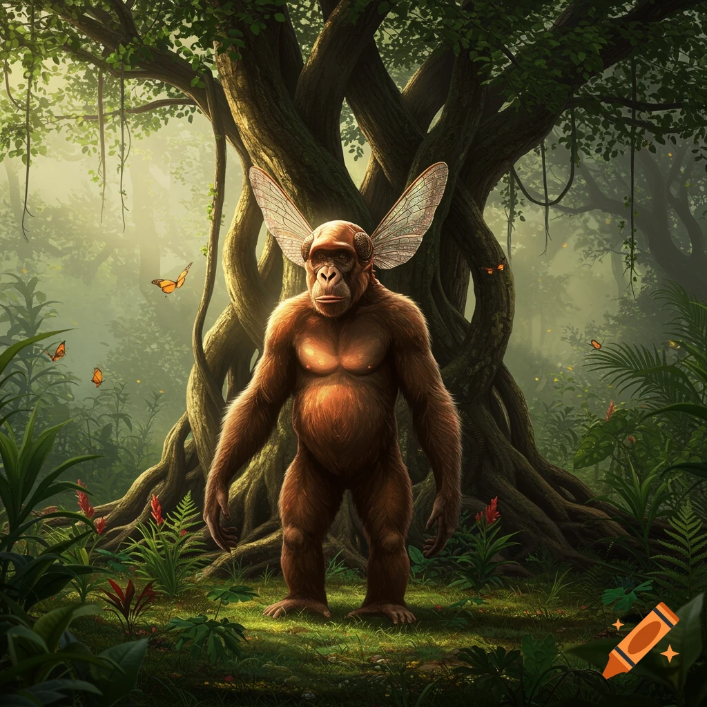 A chimpanzee-like creature with large, translucent insect wings on its head stands in a lush jungle environment with butterflies.