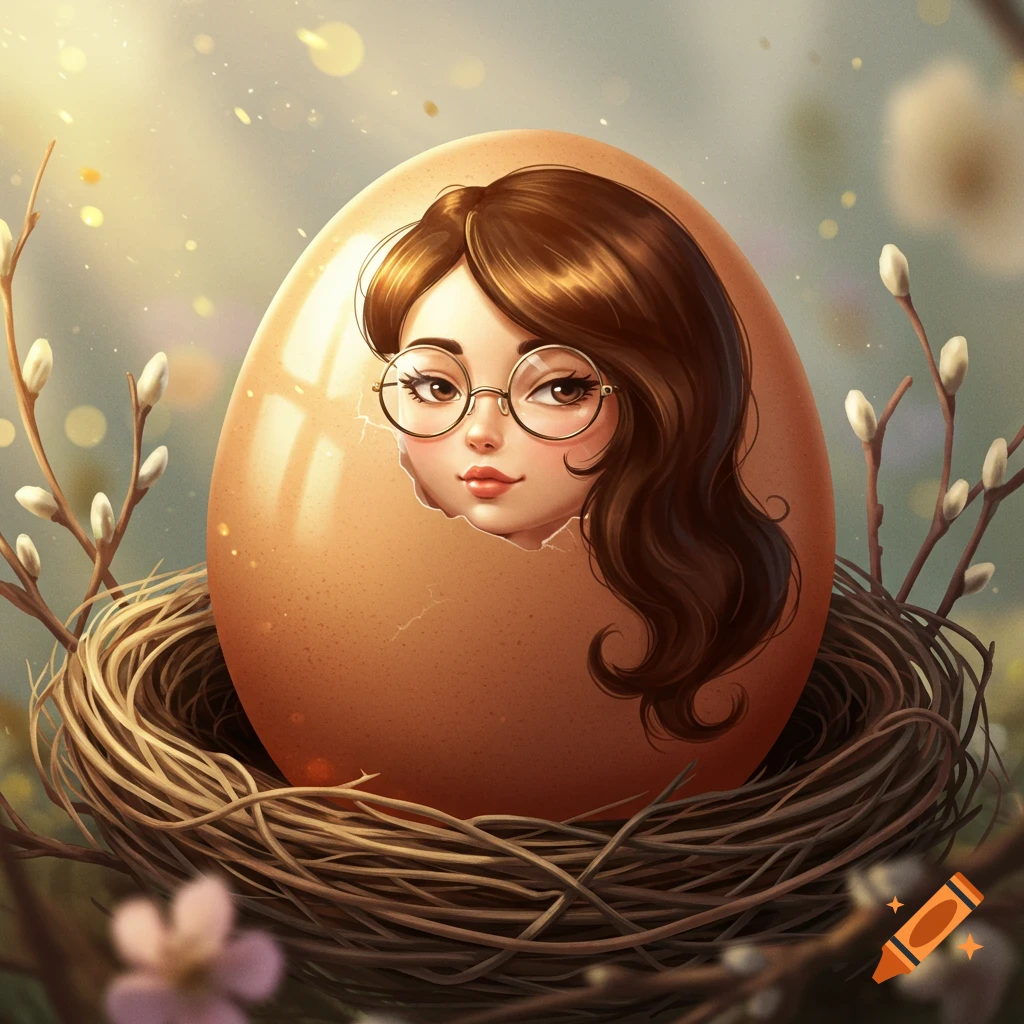 A stylized illustration of a woman's face with long brown hair and glasses emerging from a cracked egg in a bird's nest. The background is a soft, sunny spring scene with willow branches.