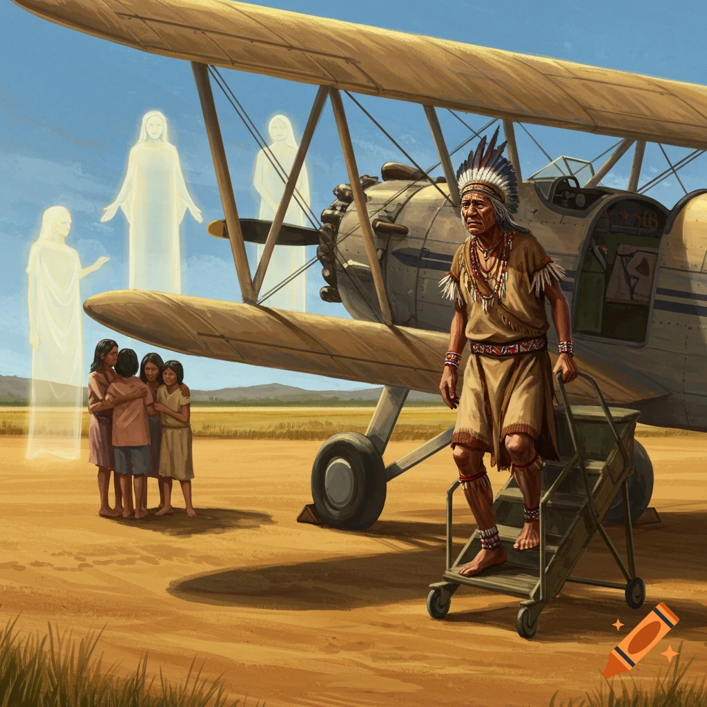 An illustrated indigenous man descends biplane steps, watched by children and glowing ancestor spirits on a dusty airfield.