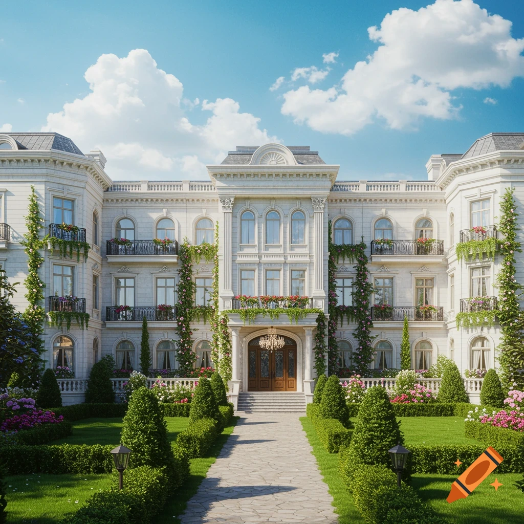 Photorealistic image of a grand white mansion with balconies, climbing vines, and a manicured garden with a stone path.