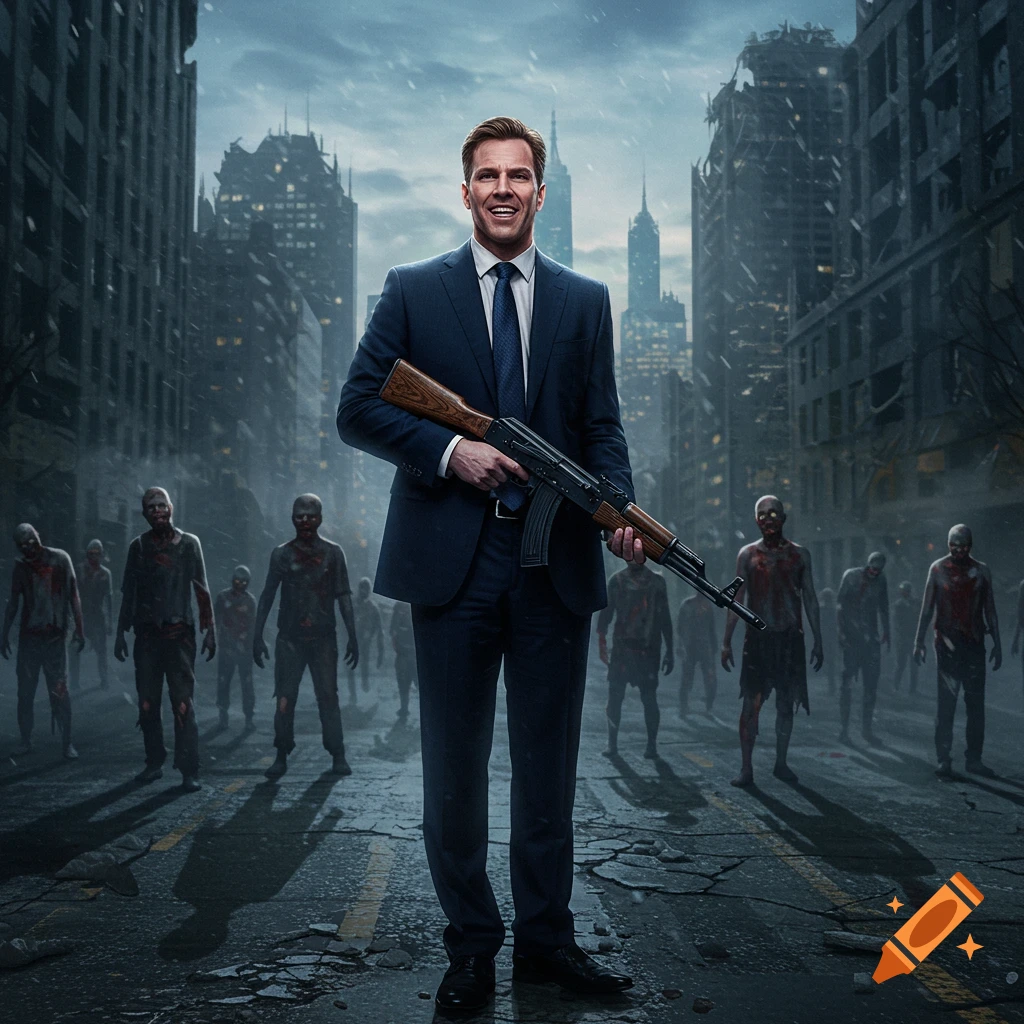 A man in a suit holds an AK-47, smiling confidently, as zombies shamble towards him on a street in a ruined city.