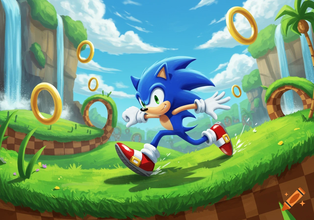 Sonic the Hedgehog runs through a vibrant green landscape with waterfalls, golden rings, and checkered terrain under a blue sky.