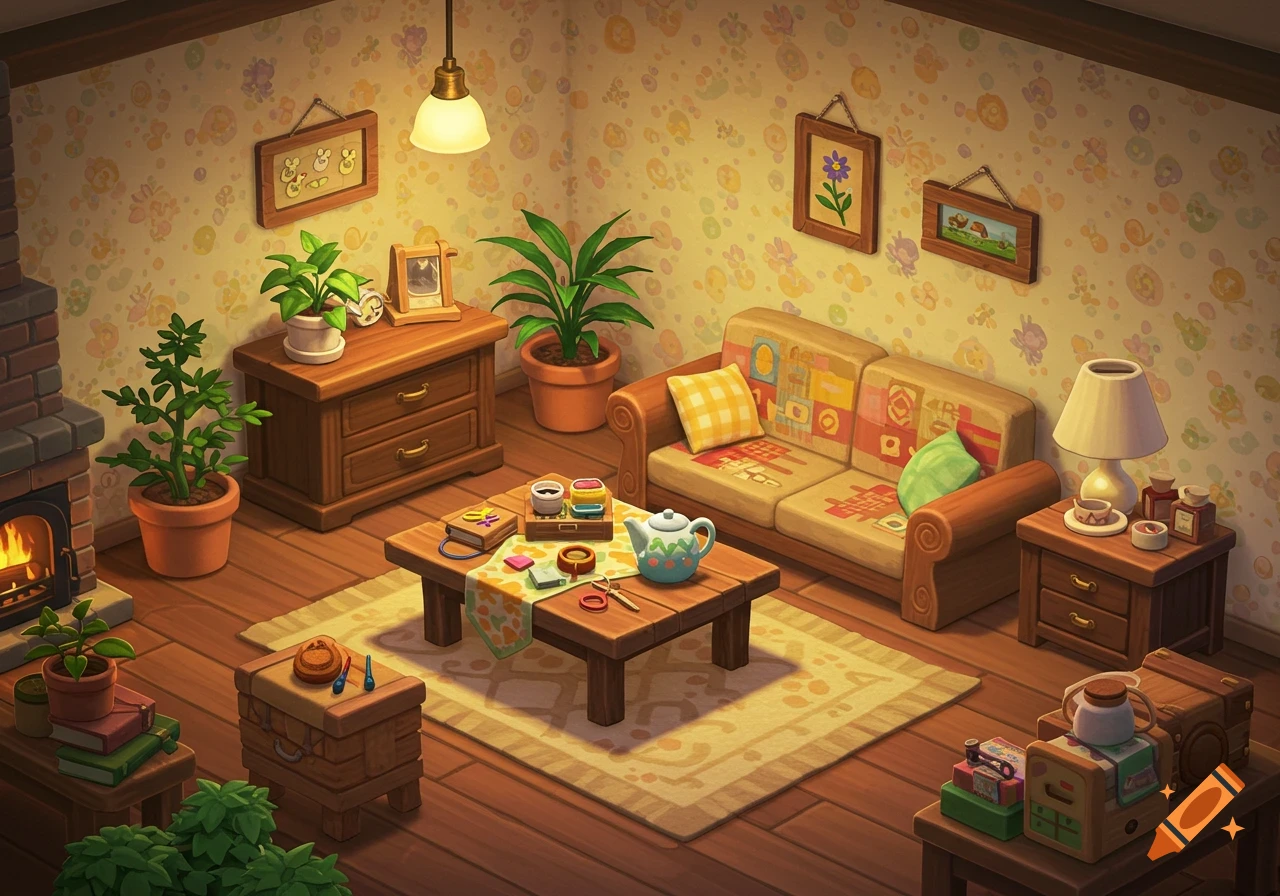 A cozy Animal Crossing-style living room with a fireplace, wooden furniture, patterned wallpaper and sofa, and several potted plants.