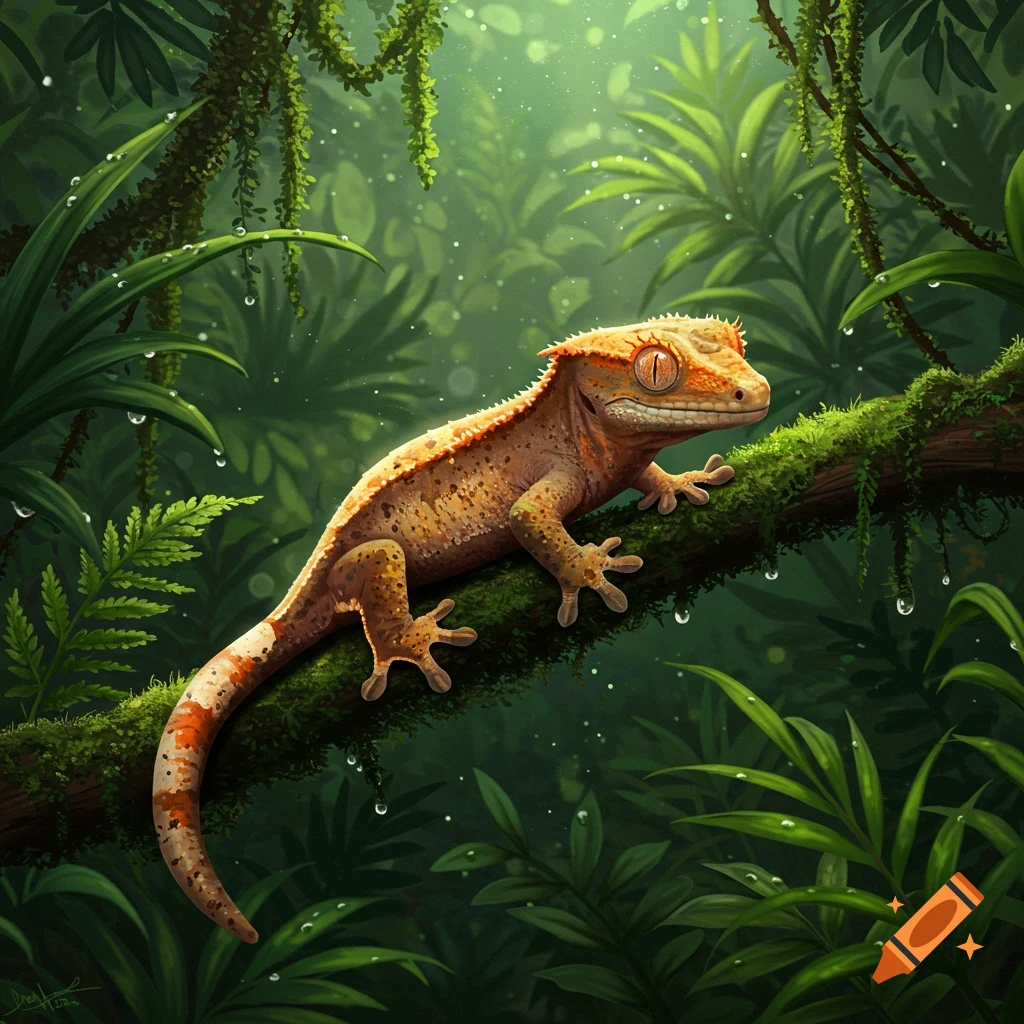 A vibrant crested gecko perches on a mossy branch in a lush, sun-dappled rainforest.