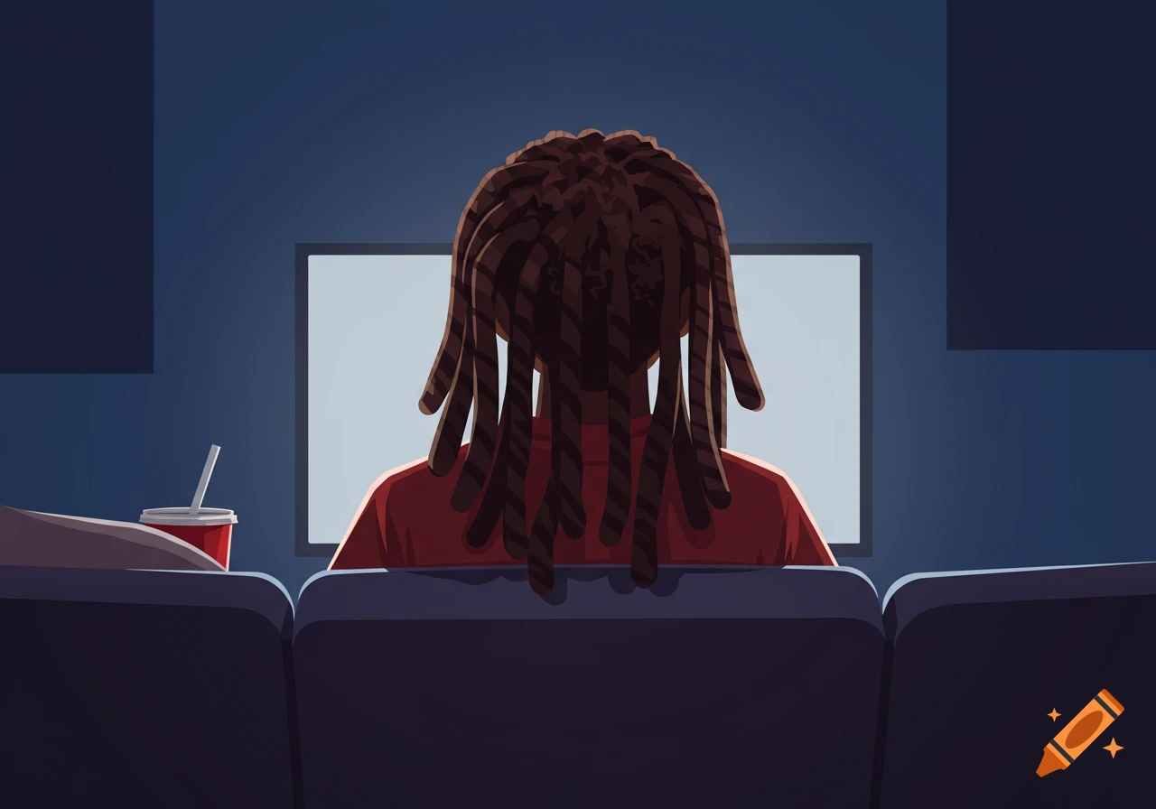 Illustration of a person with dreadlocks seen from behind, sitting on a couch and watching TV in a dark room.