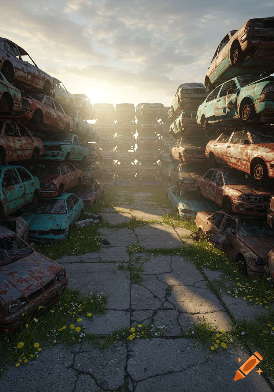 Photorealistic image of a junkyard with towering piles of rusty cars under a bright sky, a path overgrown with grass in the foreground.