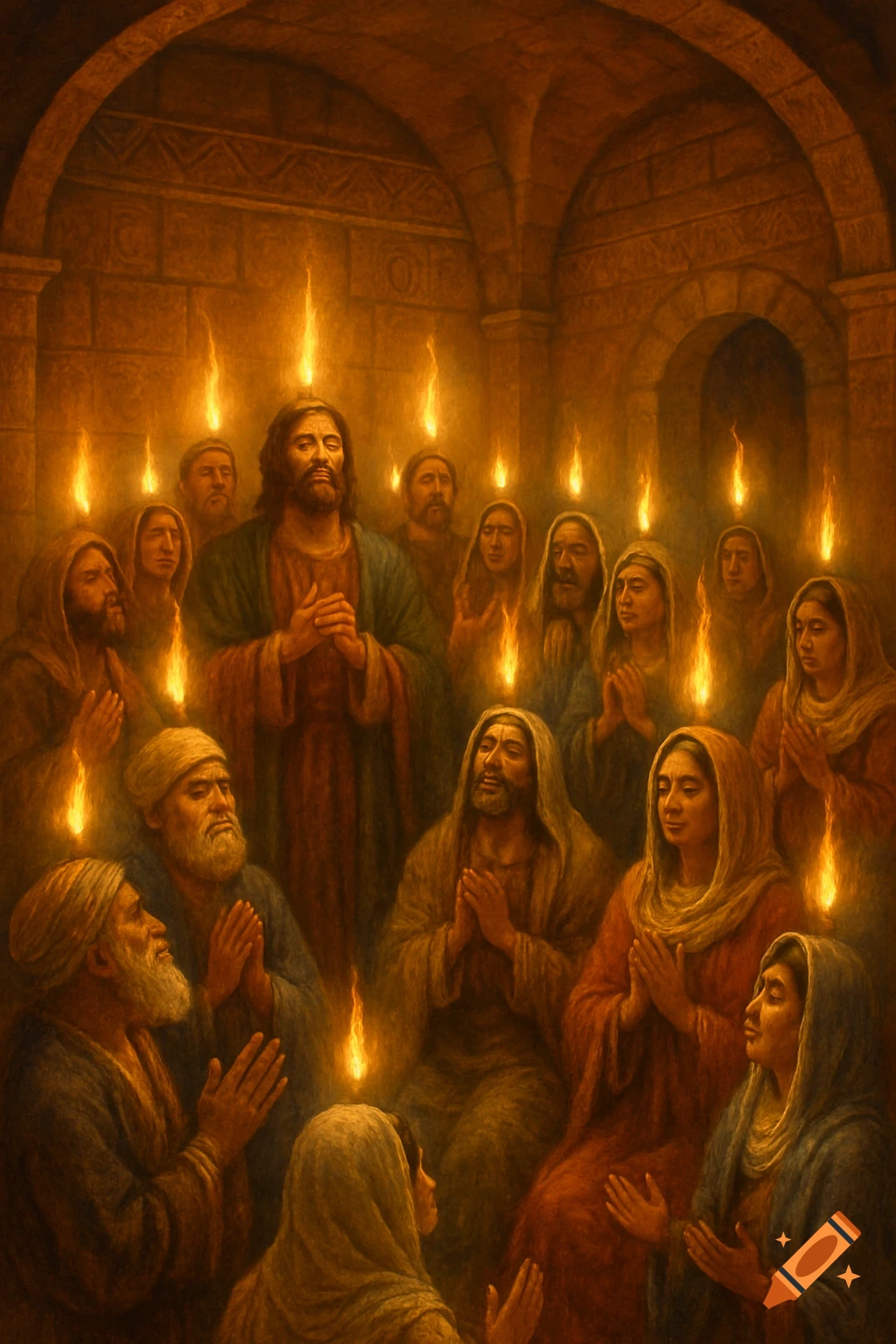 An oil painting depicting early Christians, including Jesus, praying in a dimly lit room with tongues of fire above their heads.