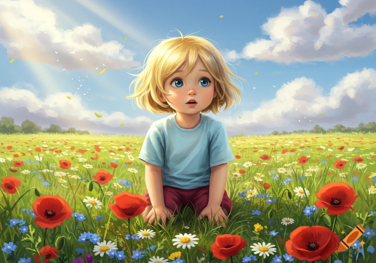 A blonde child with blue eyes kneels in a vibrant field of red poppies and white daisies under a bright blue sky with clouds.