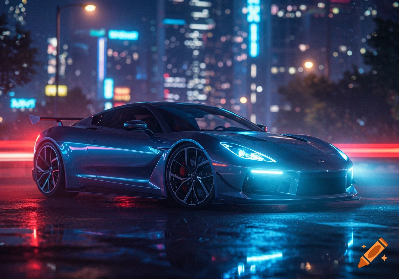 A sleek, blue sports car parked on a wet city street at night, illuminated by neon lights and reflections from surrounding buildings.