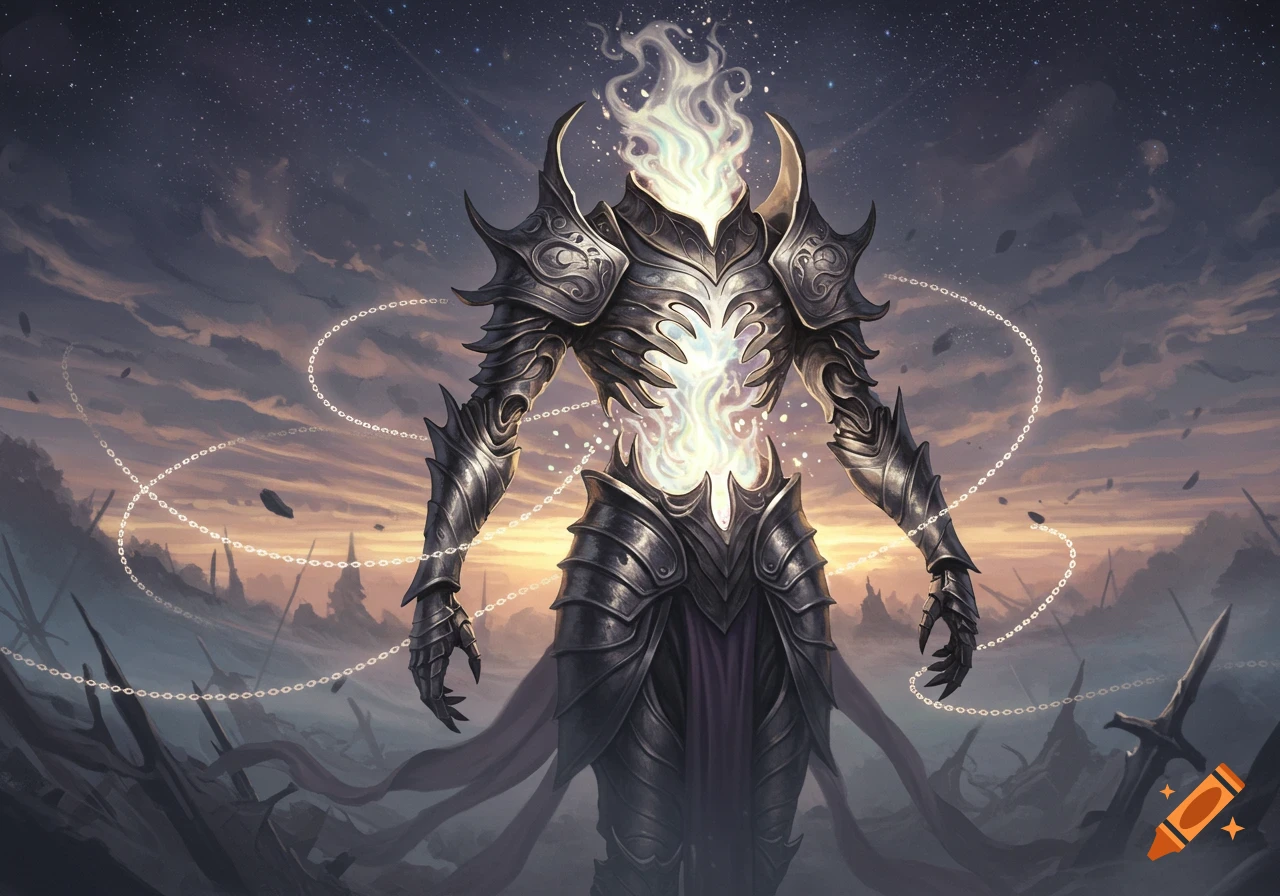 An ornate suit of dark armor with silvery flames glowing from its head and chest, set against a starry sky.