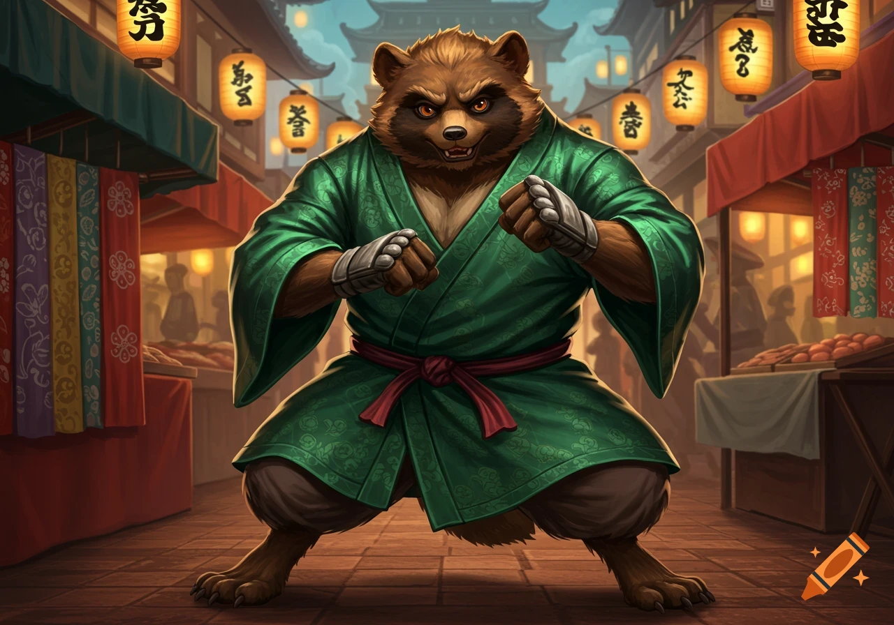 A muscular tanuki in a green gi and red belt stands in a fighting pose in a busy Japanese market under glowing lanterns.