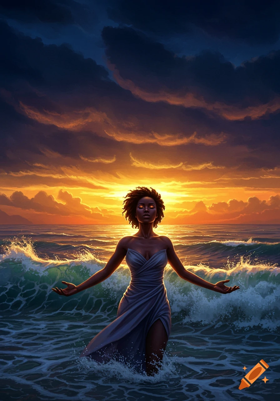 A woman in a flowing dress stands in the ocean at sunset, arms outstretched, with a dramatic, colorful sky.