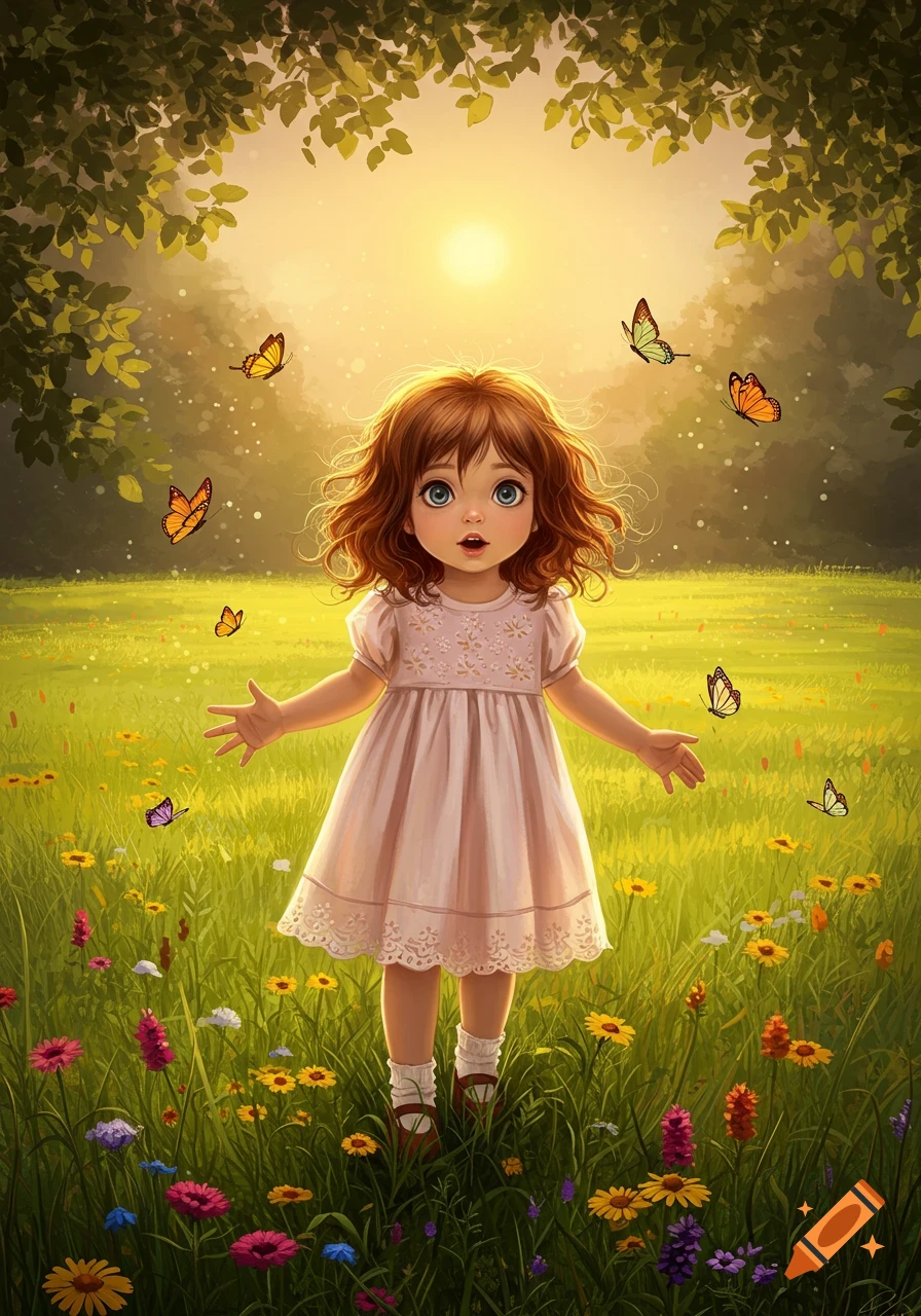 A wide-eyed little girl in a pink dress stands in a vibrant, sunlit meadow surrounded by colorful flowers and butterflies in an illustrated style.