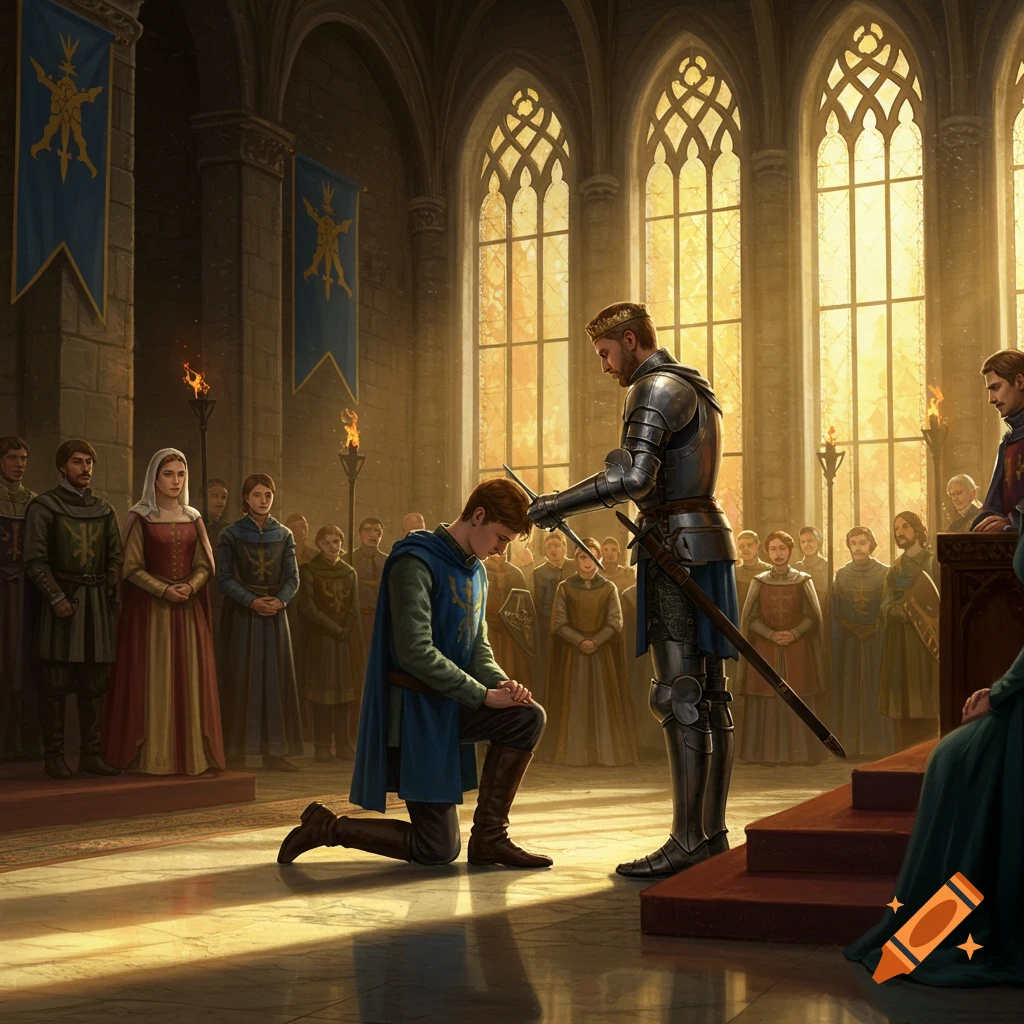 A king in armor knights a kneeling man in a grand medieval hall with tall arched windows.