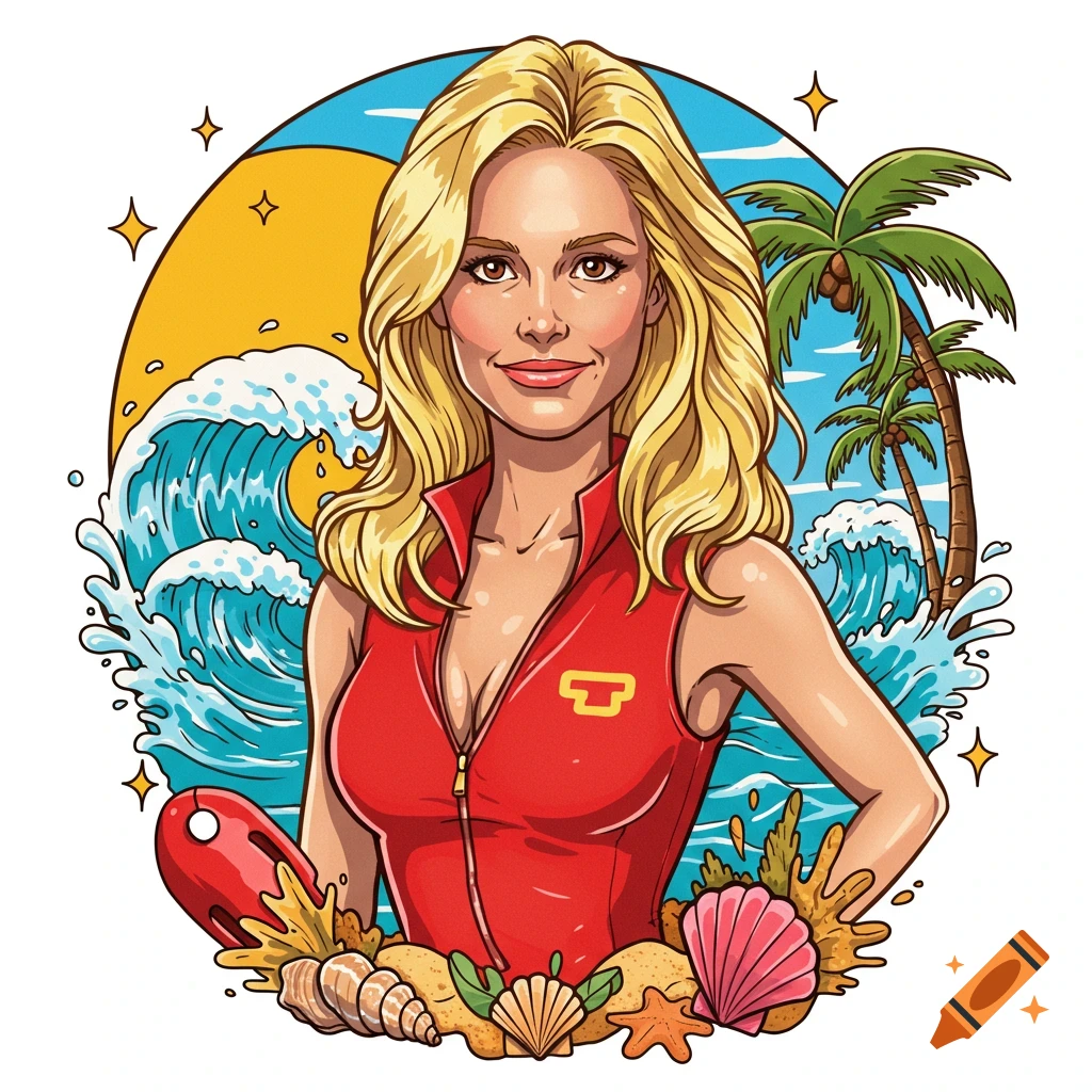 A cartoon blonde woman in a red lifeguard swimsuit holds a rescue buoy, surrounded by beach waves, palm trees, and shells, in a new school tattoo style.
