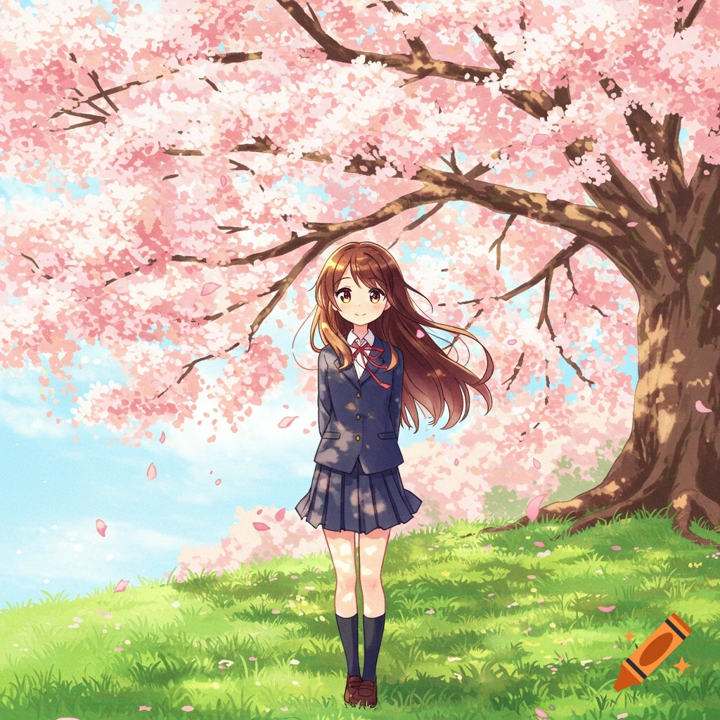 An anime-style girl in a dark blue school uniform stands under a large cherry blossom tree with pink flowers.