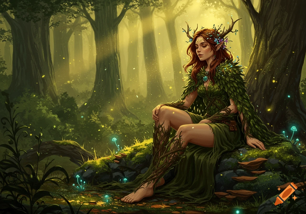 A red-haired female druid in a leafy green outfit and antlers sits in a sunlit, mystical forest with glowing mushrooms.