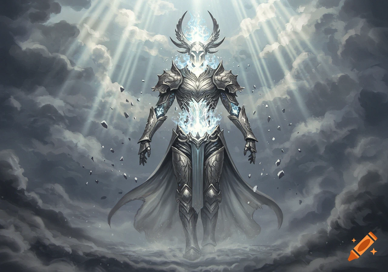 An armored, god-like figure with glowing blue flames and a horned helmet stands majestically amidst dramatic clouds and light rays.