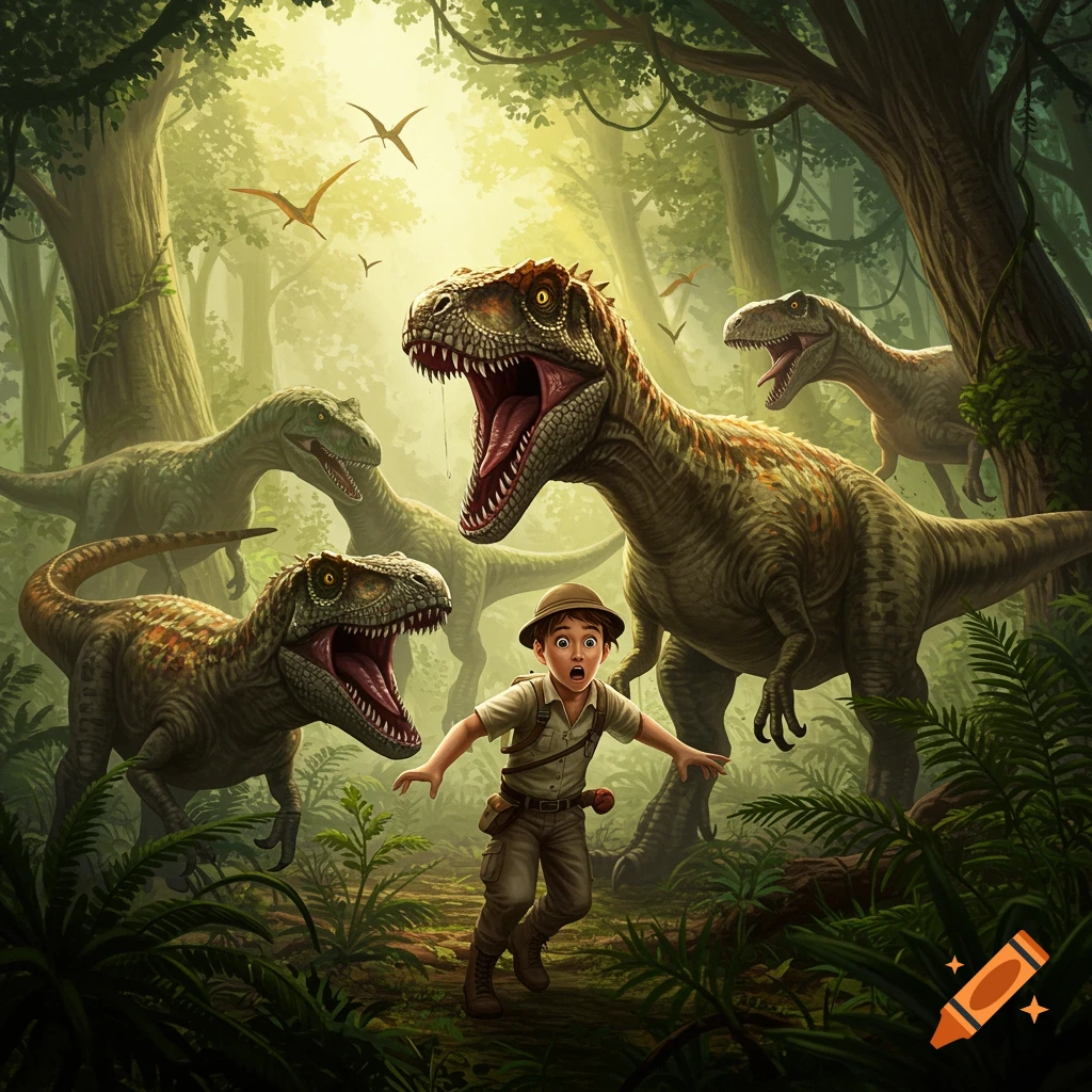 A young boy in an explorer's outfit runs in terror through a lush jungle, surrounded by large, roaring dinosaurs.