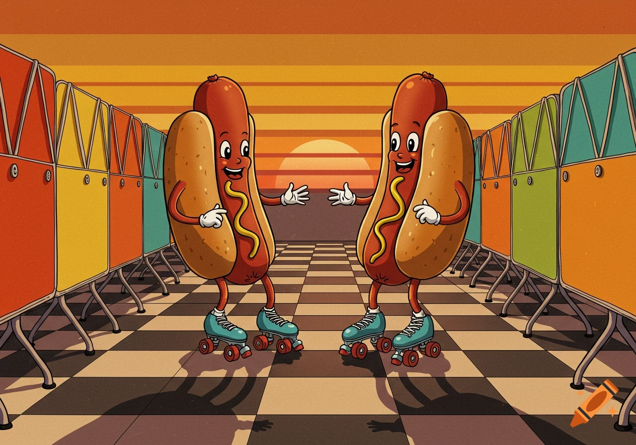 Two vintage 60s style cartoon hot dogs on roller skates face each other in a retro roller rink at sunset.