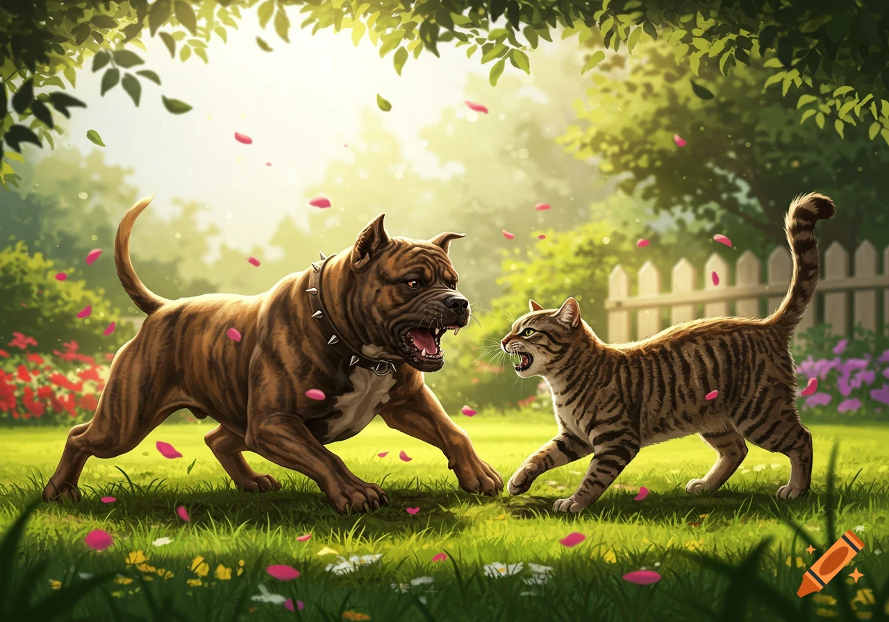 A brown striped dog and a tabby cat growl at each other in a sunny, green garden with pink petals falling, in an illustrative style.