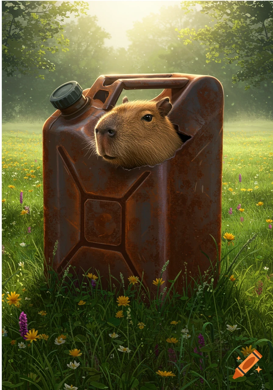A photorealistic capybara head pokes out of a rusted gasoline canister in a sunny, flower-filled green field.