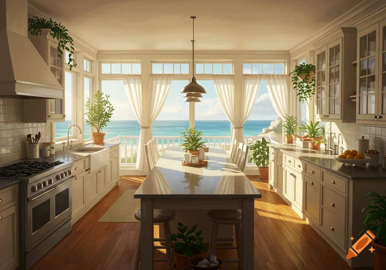 A sunlit farmhouse-style kitchen with a long island table, white cabinets, and large windows offering a panoramic ocean view.