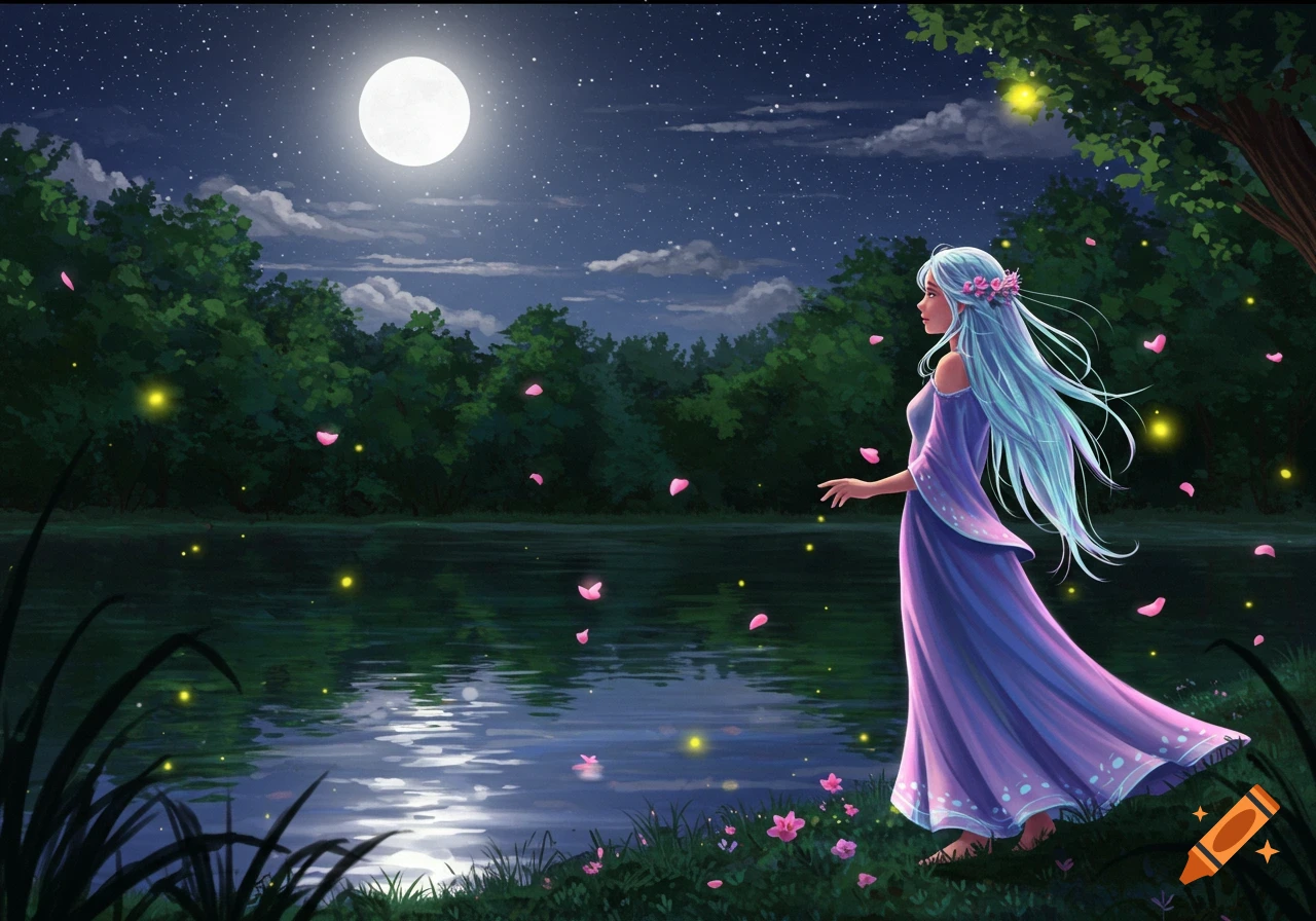 A blue-haired fantasy woman in a purple dress stands by a lake under a full moon, with floating pink petals and fireflies.