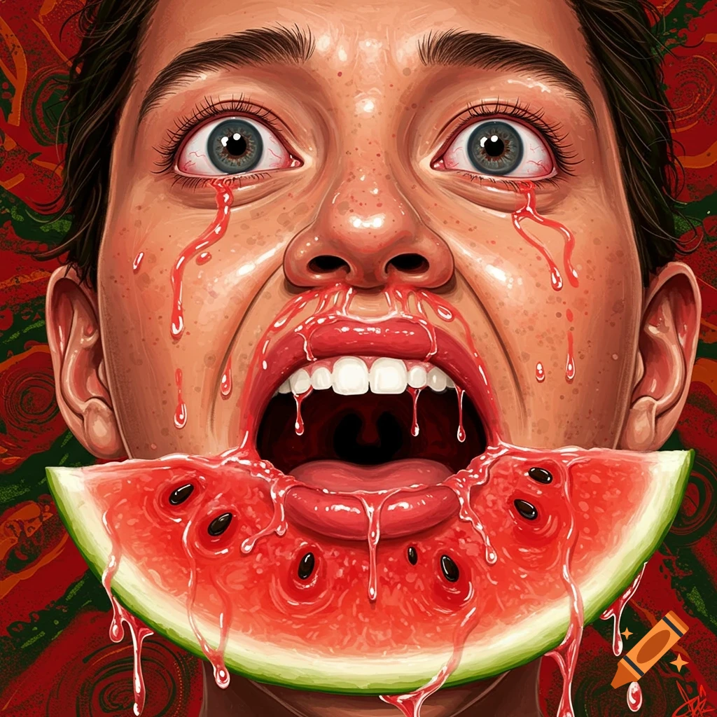Close-up digital illustration of a person's face with wide eyes and mouth open, a large watermelon slice inside, red liquid dripping.