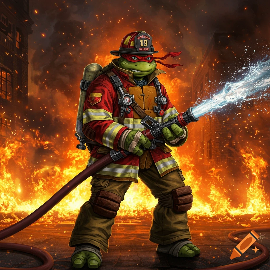 A Teenage Mutant Ninja Turtle in firefighter gear sprays water from a hose amidst a burning city street, illustrated in a detailed, dynamic style.