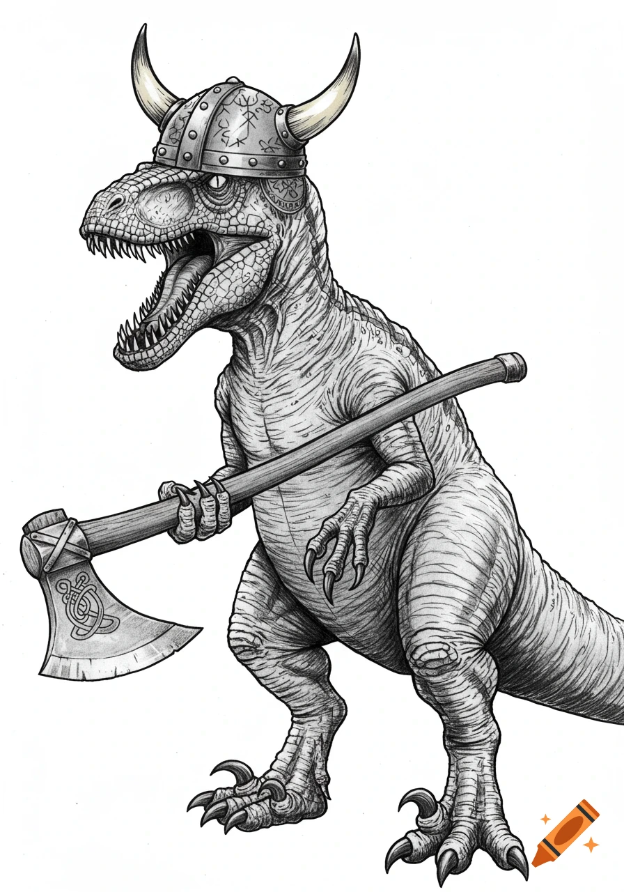 Black and white sketch of a T-Rex wearing a horned Viking helmet and holding a two-sided war axe.